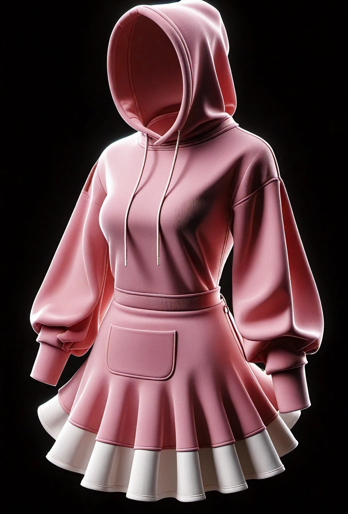 Hollow,A hollow stands with hollow hands loosely by their sides wearing a A pink and white shiny dress hoodie, featuring puffy sleeves, a ruffled collar and skirt hem, and a white apron with a frill. , a dark background accentuates the glowing outline and creases of the clothing. 
