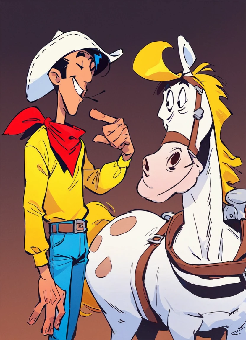 score_9, score_8_up, score_7_up, luckyluke, man with black hair in yellow shirt with a white cowboy hat, red bandana and bue jeans standing next to jollyjumper, white horse with a yellow mane, big smile,, source_cartoon, coyboy town, cinematic,
<lora:LuckyLukePony:0.8>