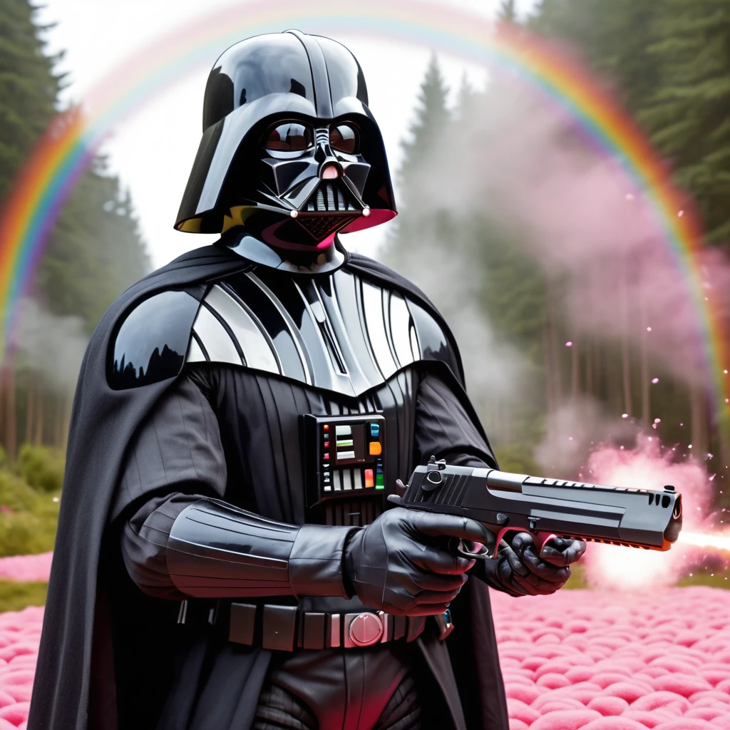 Darth Vader aiming a black pistol in magic land of candyfloss, rainbows and happiness, deagle,