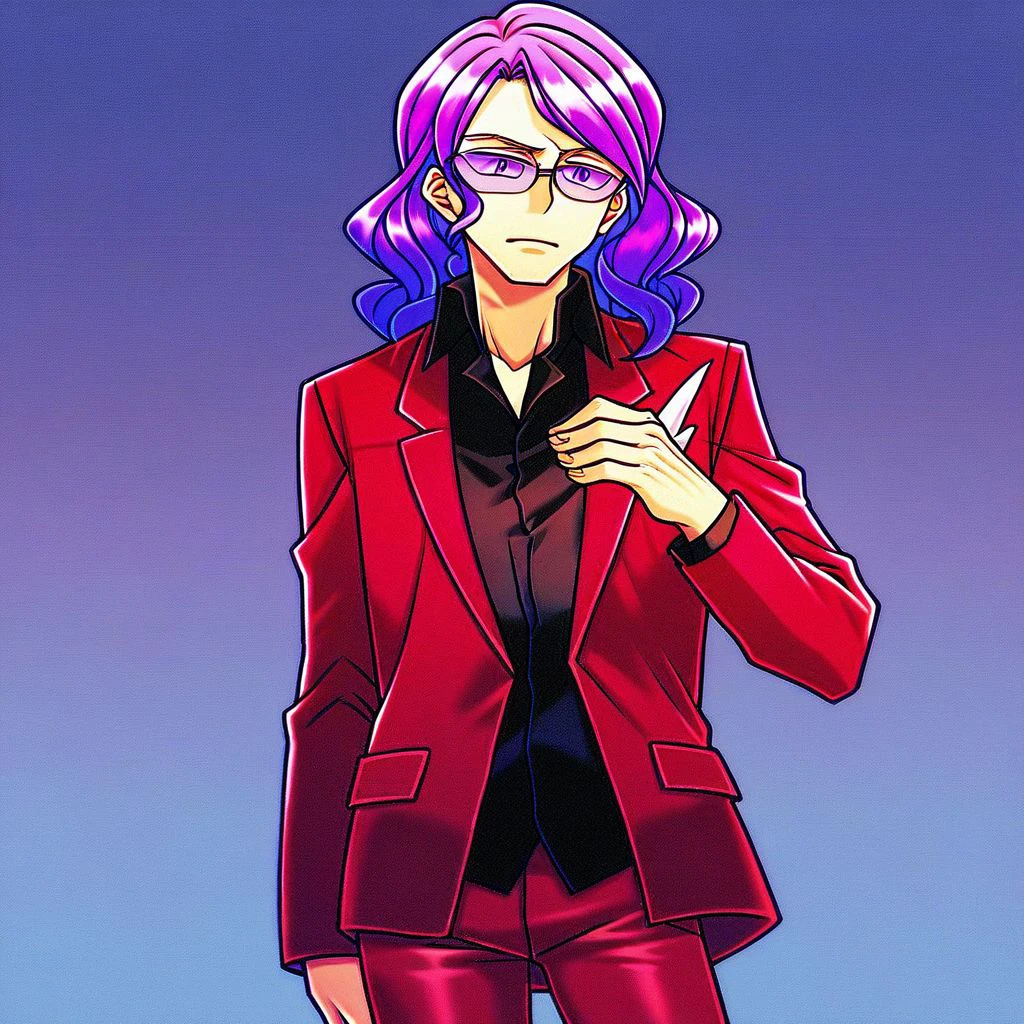 score_9,score_8_up,score_7_up,score_6_up,score_5_up,score_4_up, solo, 1boy, purple hair, wavy hair, purple eyes, Red jacket, black shirt, collared shirt, red pants, formal, Glasses