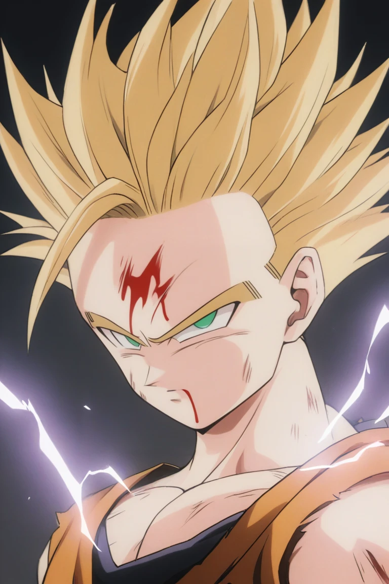 1boy,gohan,super saiyan 2,orange dougi,green eyes,,blonde_hair,yellow aura,electricity,ki,serious,(masterpiece,best quality,detailed,highres),detailed_face,dark_colors,dougi,son_gohan/(dragon ball),frown,yellow_aura,portrait,scars,blood,pectorals,ki_charging<lora:EMS-317132-EMS:1.000000>, <lora:EMS-289246-EMS:0.800000>