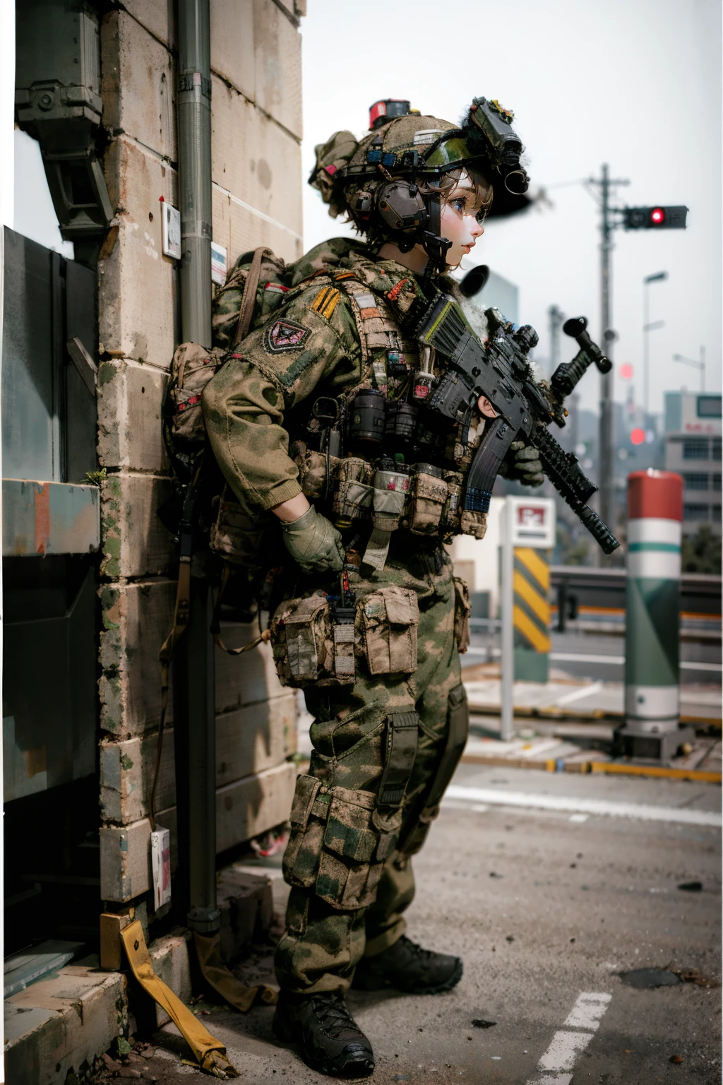 solo,1girl,outdoors,cityscape,standing,<lora:0306 Russian Federation Special Response Team_v1:0.9>,ruanyi0306,bulletproof vest,camouflage,helmet,holding weapon,m4 carbine,military uniform,mask,headset,microphone,full body,, (incredibly absurdres, ultra-detailed,CG ,unity ,8k wallpaper),(masterpiece),(realistic),(photorealistic:1.2),(raw photo:1.2), (best quality:1.2), (detailed face :1.4),(beautiful detailed eyes :1.2),(detailed hair),light on face, huge filesize ,cinematic lighting, 1 girl ,sexy,