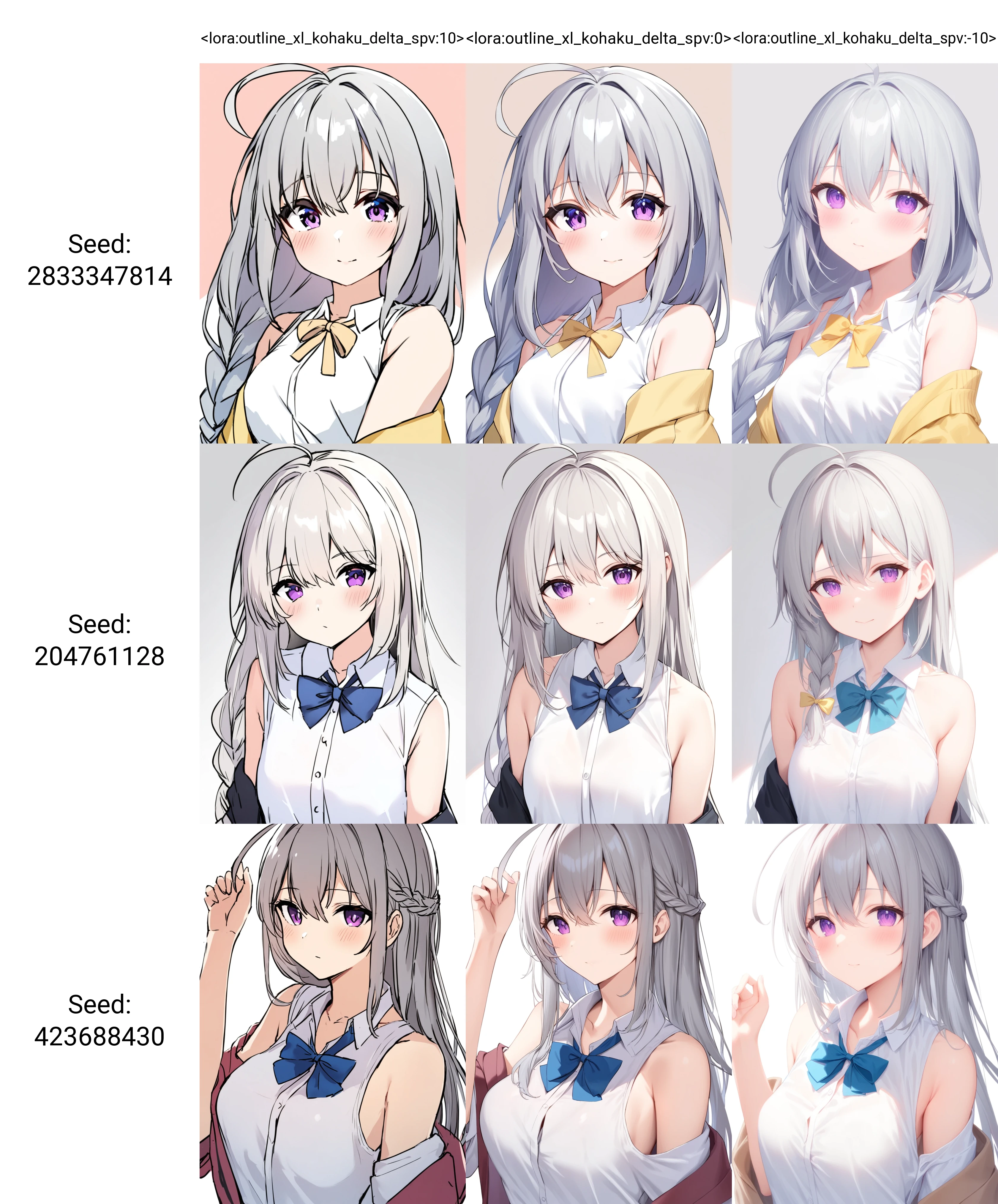 1girl,solo,long hair,looking at viewer,blush,bangs,simple background,white background,ribbon,hair between eyes,bare shoulders,closed mouth,purple eyes,collarbone,white shirt,upper body,ahoge,grey hair,open clothes,collared shirt,bowtie,off shoulder,sleeveless shirt,single braid,yellow bow,
masterpiece,best quality,absurdres
<lora:outline_xl_kohaku_delta_spv:10>