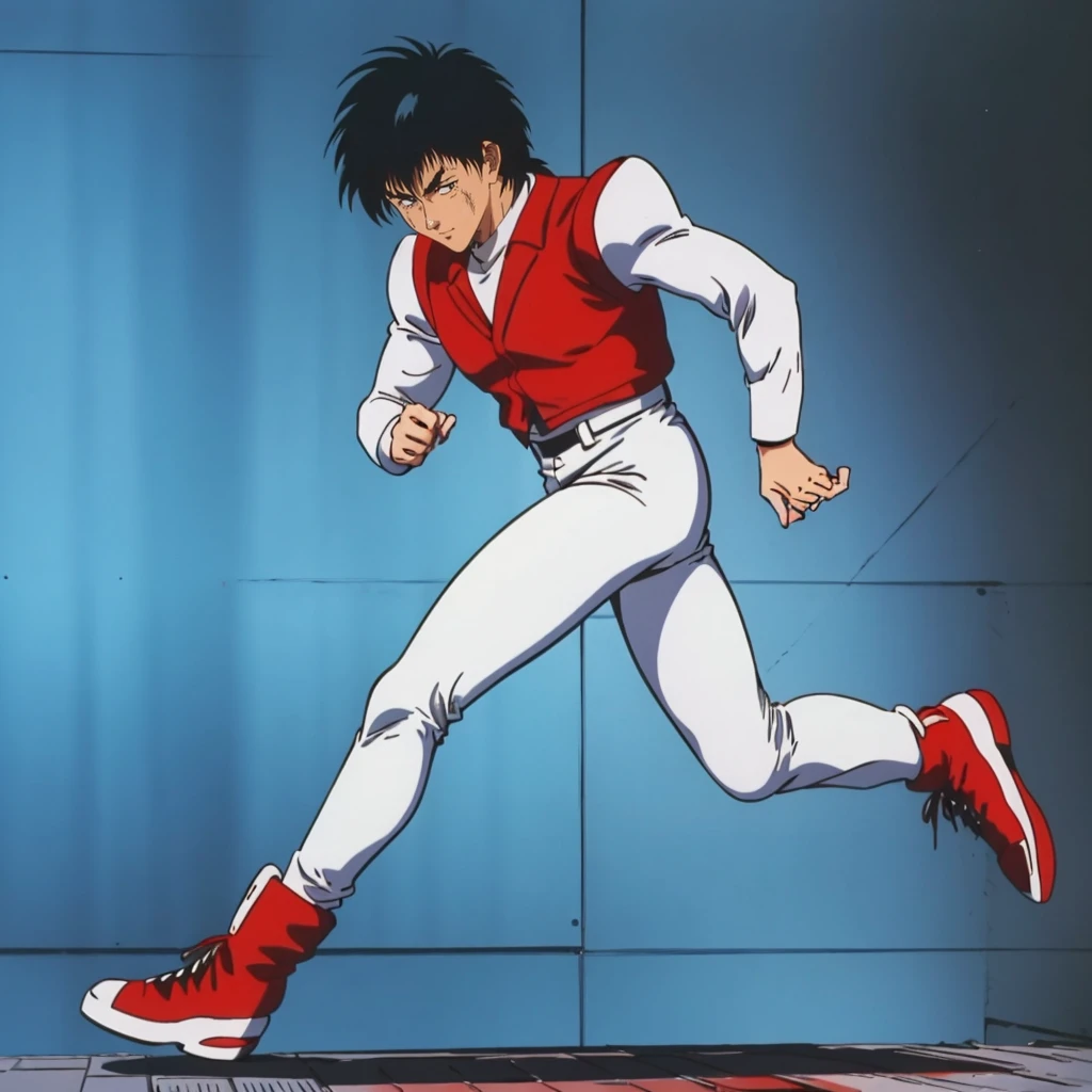 <lora:TakayaAiba002:0.7>,
solo,
TakayaAiba,1boy,black hair,spike hair,black eyes,retro artstyle,1980s (style),
uniform,red vest,long sleeves,
white pants,
red footwear,
full body,running,