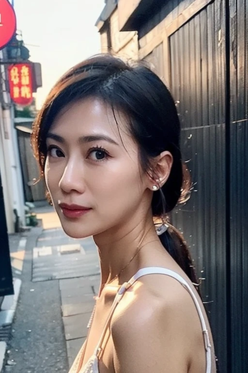 Best quality,masterpiece,ultra high res,(photorealistic:1.2),1girl,deep shadow,low key,(photorealistic:1.2),slim body,taiwan street alley,dynamic pose,face closeup,<lora:joanne_lien:0.9>,