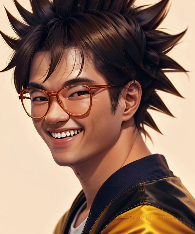 a3k1rt0r1 , ((Neutral background)), man,  close portrait photo, realistic, smile, asian, Goku hair