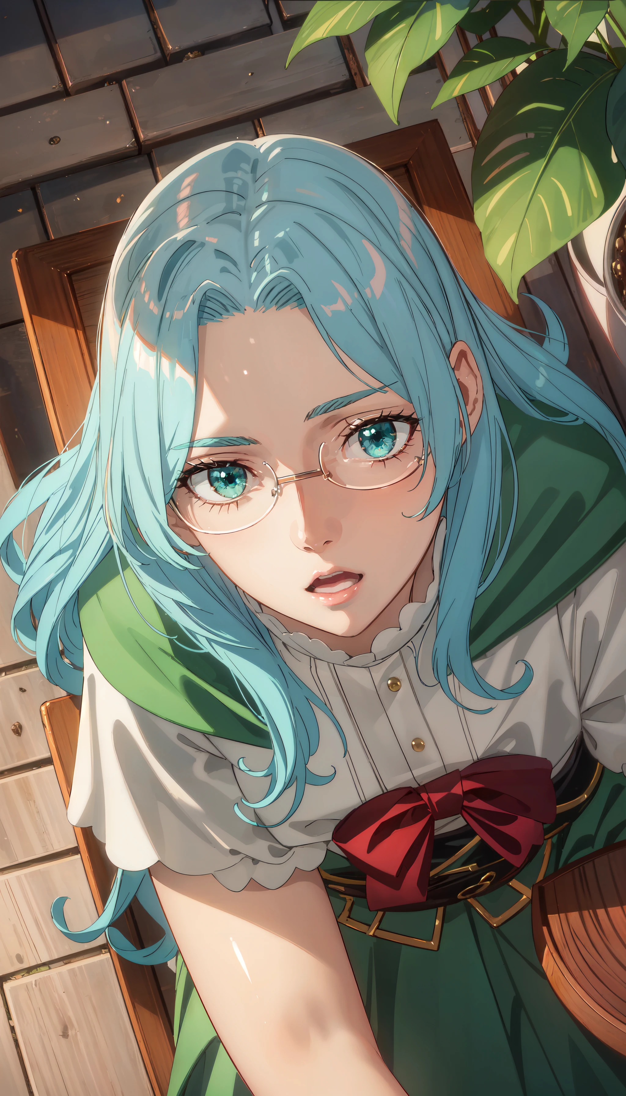 photorealistic, (4k), depth of field, (Masterpiece), (realistic skin texture), extremely detailed, intricate, hyper detailed, professional photography, bokeh, high resolution, sharp detail, best quality, woman, long hair, aqua hair, aqua eyes, round glasses, green shoulder cape, red ribbon, blouse, corset, long dress, <lora:GoodHands-vanilla:0.4>, <lora:detail_slider_v4:0.8> , dynamic pose, (lying on back), <lora:Eva Aensland-000004:0.7> , (forest, vegetation, large trees, grass path),