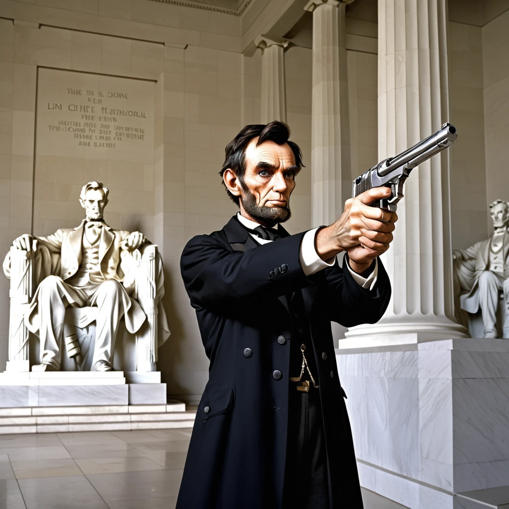 Abraham Lincoln aiming a silver pistol at the lincoln memorial, deagle,