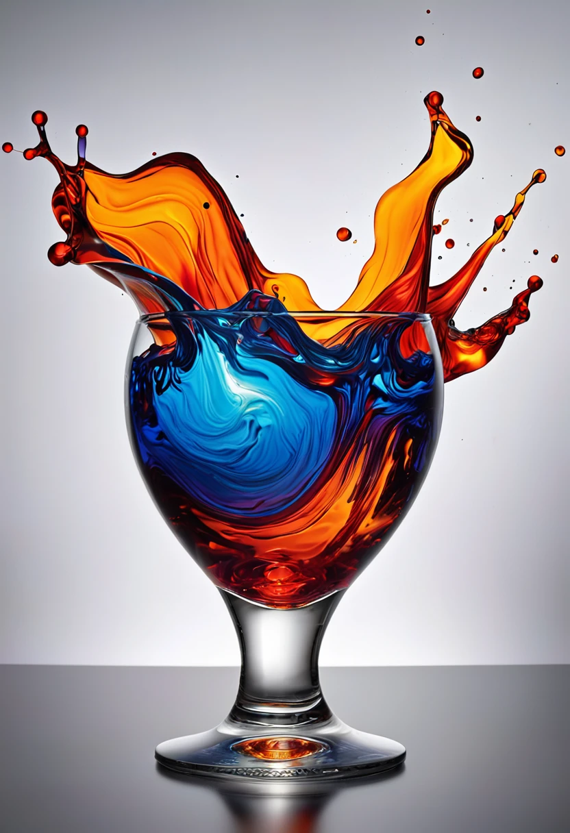 mesmerizing image of two colored liquids mixing chaotically in a single glass. The vibrant hues of the liquids, one possibly a deep blue or purple and the other a bright orange or red, swirl together yet remain separate, creating a fascinating contrast that captivates the eye.
The play of light on the surface of the liquids adds depth and dimension to the image, enhancing the beauty of the colors and creating a sense of movement. The glass itself appears elegant and refined, adding to the overall aesthetic appeal of the composition.