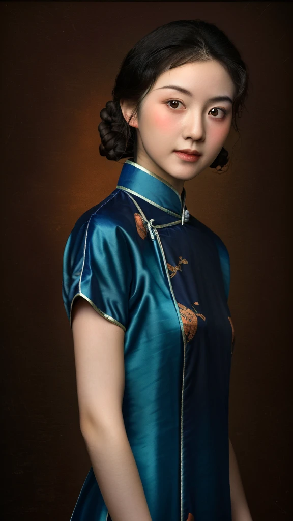 SHPortraitStudio,1girl,solo,realistic,chinese clothes,dress,looking at viewer,black hair,upper body,brown eyes,brown background,short sleeves,lips,<lora:20240122-1705884260870:0.65>,