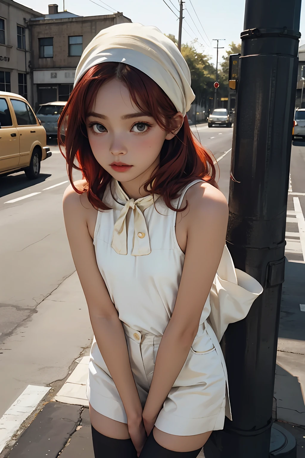 ( detailed realistic background:1), ( official art, beautiful and aesthetic:1 ), realistic lighting, cinematic lighting, hyperrealism, soothing tones, muted colors, high contrast, soft light, sharp, artistic photoshoot, ( cute, petite ), slender, pale cheeks, square face shape with angular jaw, natural "no-makeup" makeup, small breasts, red hair , wearing Wearing a Blouse with Ruching , Wearing a Turban or Headscarf and mock seam stockings ,  Bare shoulders, Bare neck, At a 1950s School Bus Stop: Yellow bus, lunch boxes, mothers,