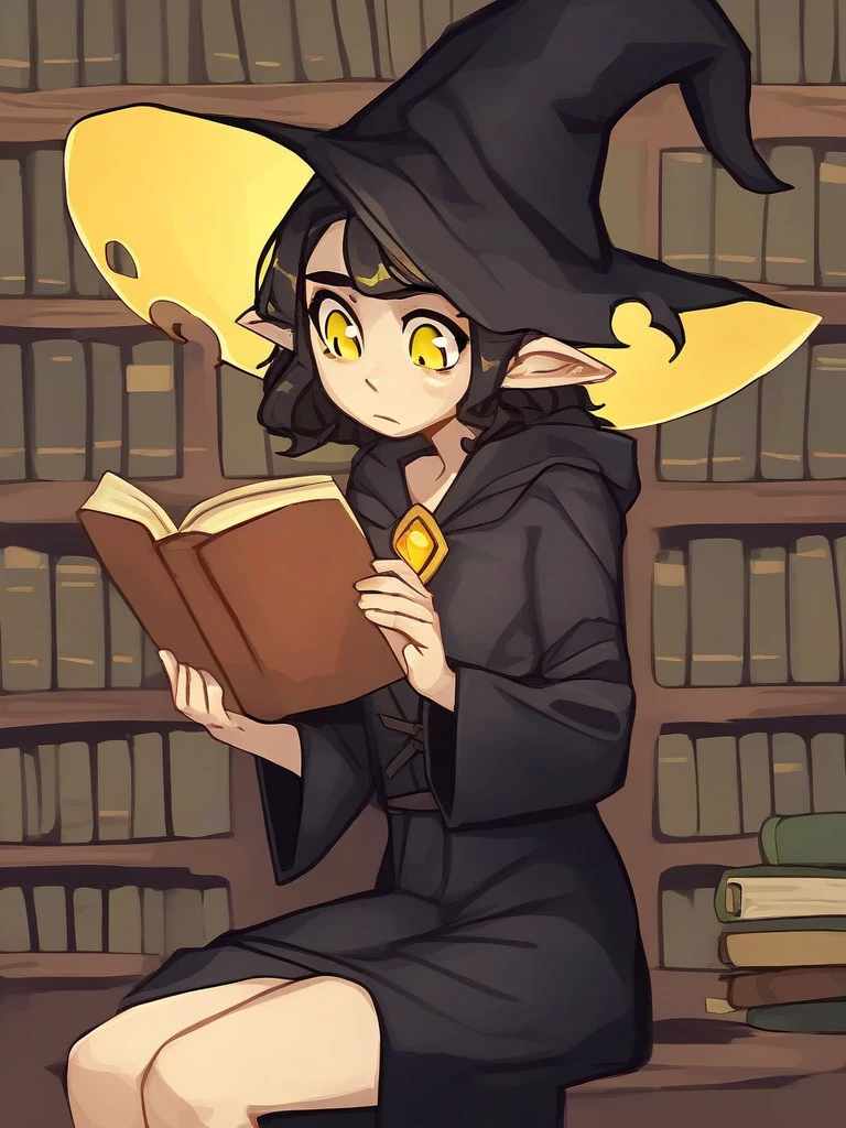 <lora:Bumblesteak-PonyXL-1024px:0.7>
score_5_up,
1girl, solo, sitting in a magical library, wearing a (black robe, black wizard hat), pointy ears, yellow eyes, reading