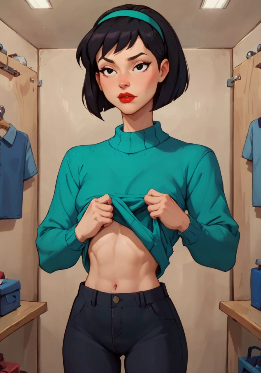 score_9, score_8_up, score_7_up, BREAK, high-fidelity photograph, <lora:thr1f7BM:1> thr1f7BM, short hair bob, black hair, black eyes, hairband, lipstick, teal sweater, black pants, shirt lift, lifted by self, changing room