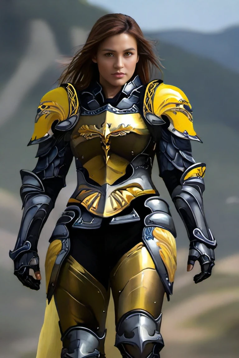 <lora:HXarmour_002XL:0.9>,hxarmour,1girl,(yellow armour:1.1),mountain,Strolling pose,