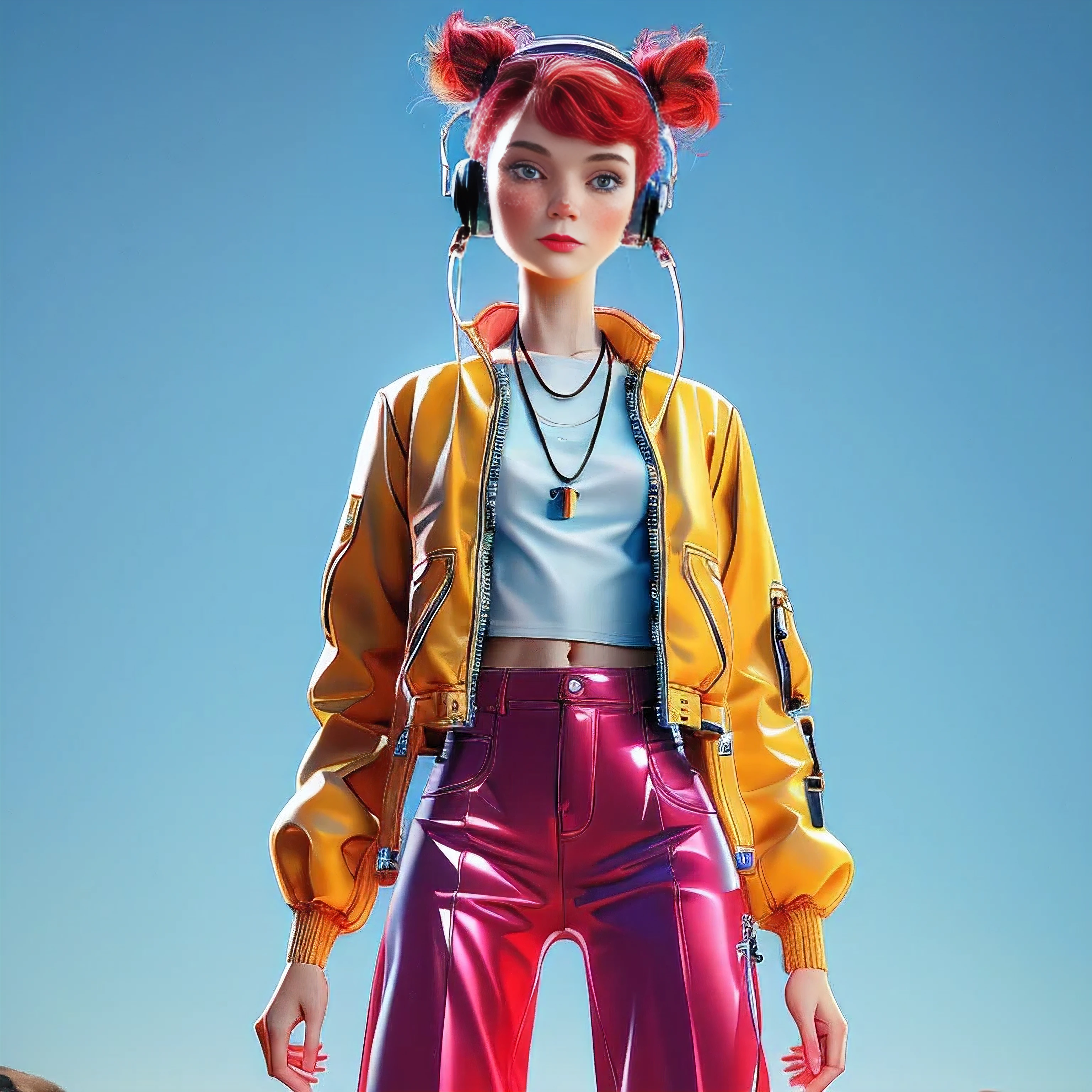 1girl, solo, looking at viewer, blue eyes, simple background, shirt, navel, jewelry, jacket, white shirt, red hair, cowboy shot, open clothes, midriff, pants, necklace, open jacket, lips, headphones, pink background, freckles, nose, cable, yellow jacket, red pants
