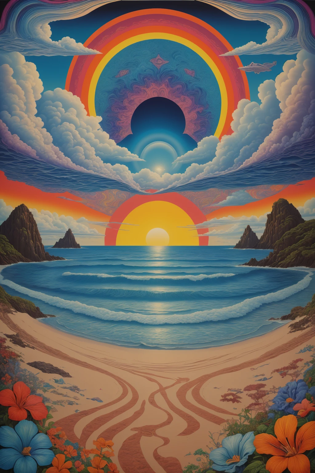 <lora:psychedelic-landscape:0.8> poster, oceanic psychedelic landscape