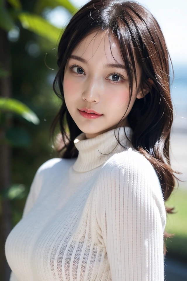 1girl,best quality,masterpiece,illustration,an extremely delicate and beautiful,CG,unity,8k wallpaper,Amazing,finely detail,masterpiece,official art,extremely detailed CG unity 8k wallpaper,incredibly absurdres,huge filesize,ultra-detailed,highres,extremely detailed,beautiful detailed girl,realistic,outdoors,(turtleneck_sweater:1.4),