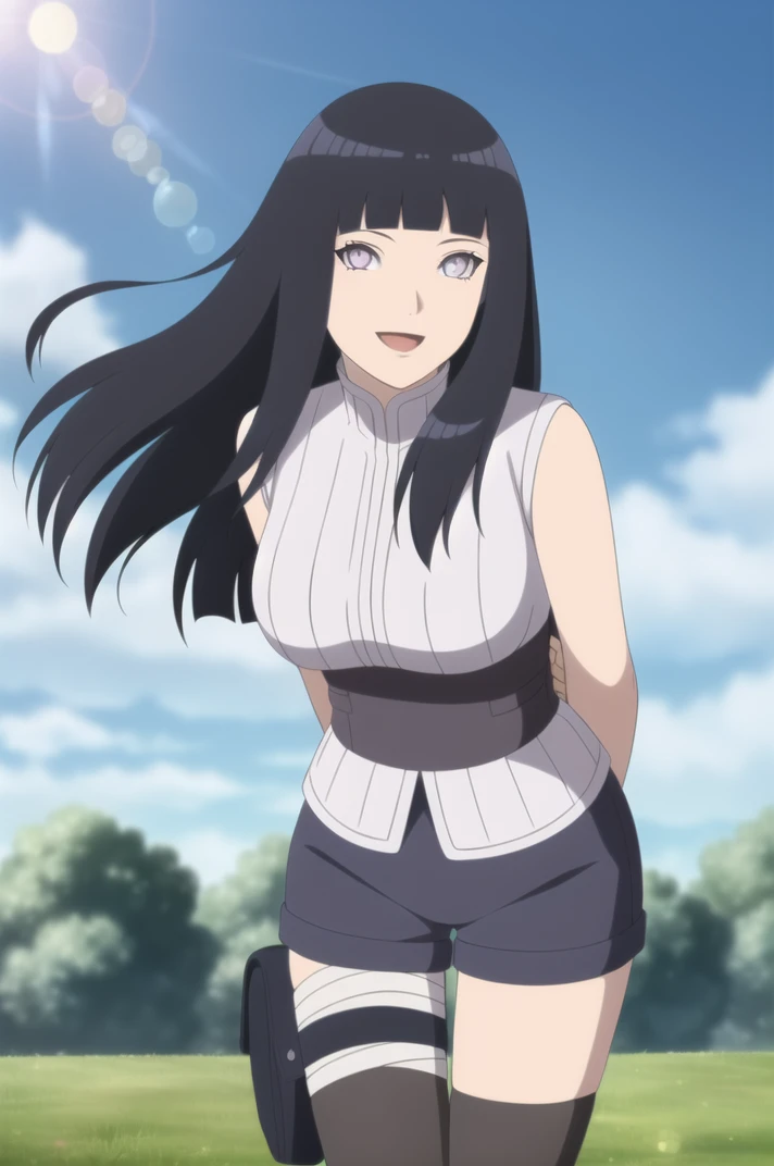 (masterpiece, high quality, detailed background:1.1), 1girl, solo,
<lora:HyugaHinata-v1-06:0.6>, ChopioHyugaHinata, long hair, black hair, straight hair, shiny hair, blunt bangs, white eyes, no pupils, (looking at viewer:1.3),
mature female, large breasts,
outfit_1, white shirt, ribbed shirt, sleeveless, waistband, purple shorts, bandaged leg, thigh pouch, black thighhighs,
hill, grass, blue sky, cloud, floating hair, wind, smile, open mouth, sunny, sunlight, light rays, lens flare, (depth of field:1.3), bokeh, leaning forward, arms behind back,