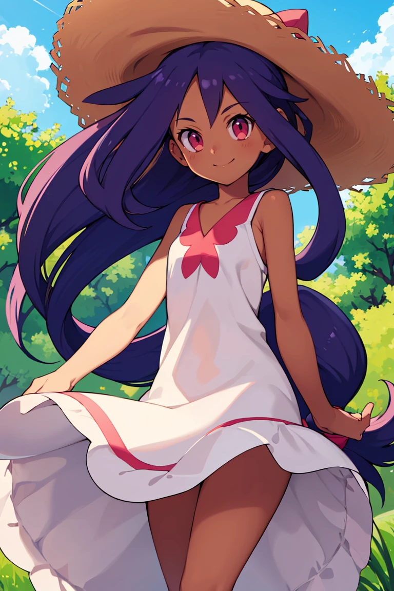<lora:Bold_CAT:0.5>, ((masterpiece,best quality)), absurdres, <lora:Iris_Pokemon_v2:0.8>, iris (pokemon), purple hair, long hair, red eyes, dark skin, big hair, solo, smile white sundress, sun hat, flowing winds, sunny, outdoors,