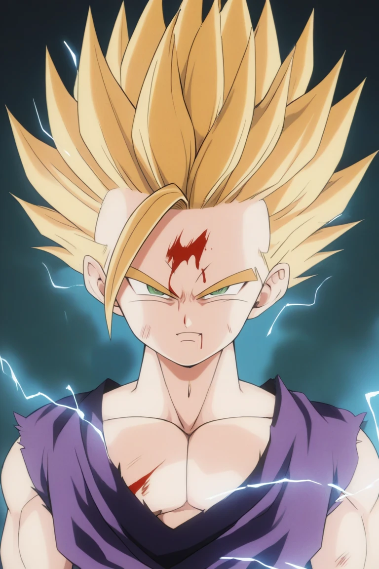 1boy,gohan,super saiyan 2,orange dougi,green eyes,,blonde_hair,yellow aura,electricity,ki,smirk,closed_mouth,(masterpiece,best quality,detailed,highres),detailed_face,dark_colors,dougi,son_gohan/(dragon ball),frown,yellow_aura,dark_colors,scars,blood,pectorals,ki_charging<lora:EMS-317132-EMS:1.000000>, <lora:EMS-289246-EMS:0.800000>