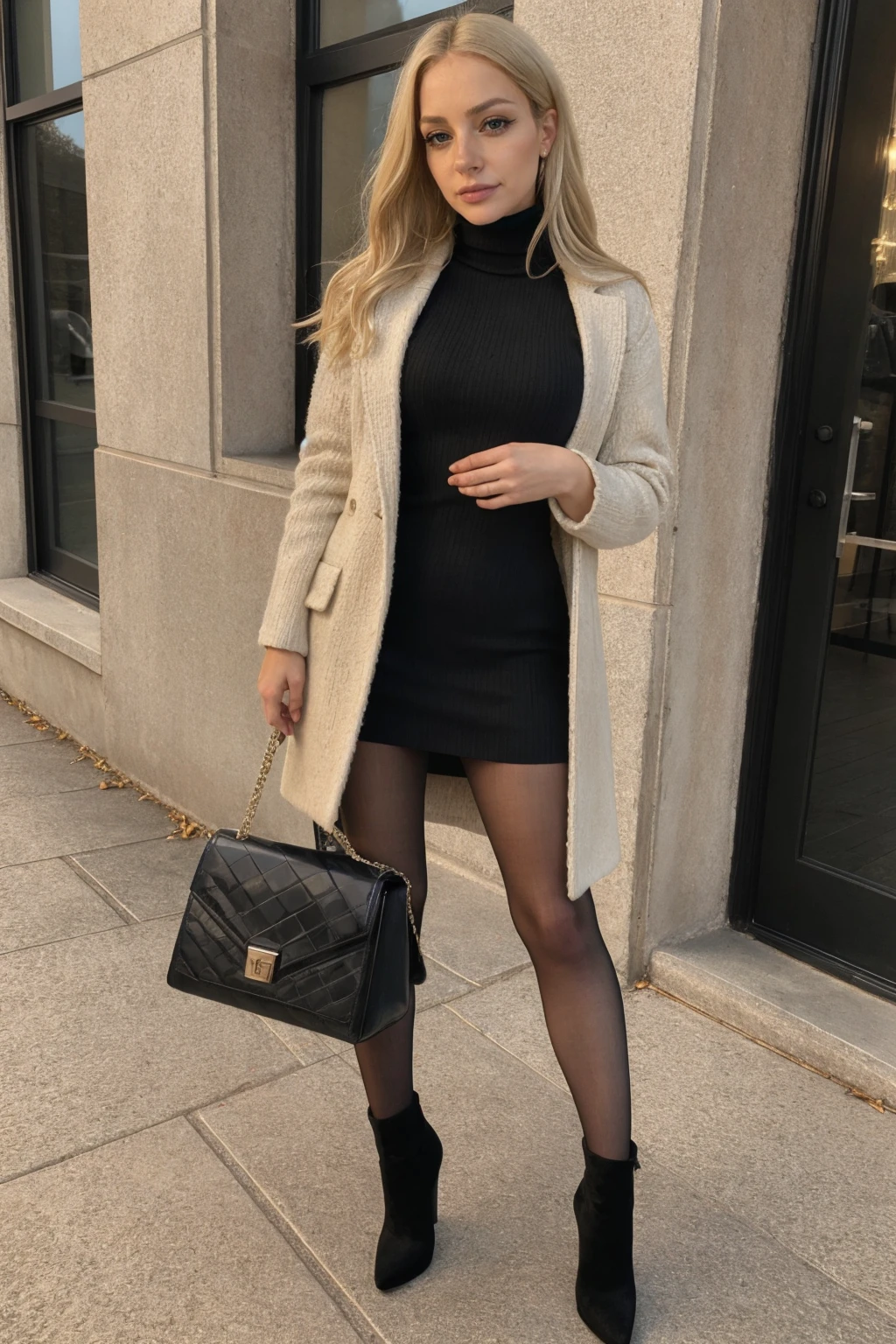 4k, 8k, ultra highres, raw photo in hdr, sharp focus, intricate texture,realistic, detailed facial features, highly detailed face, posing,perfect lighting,long hair,standing,(full body),dress,turtleneck,jacket,((black high heels)),handbag,simple background,<lora:Dollblush2:0.7> Dollblush2,blonde hair