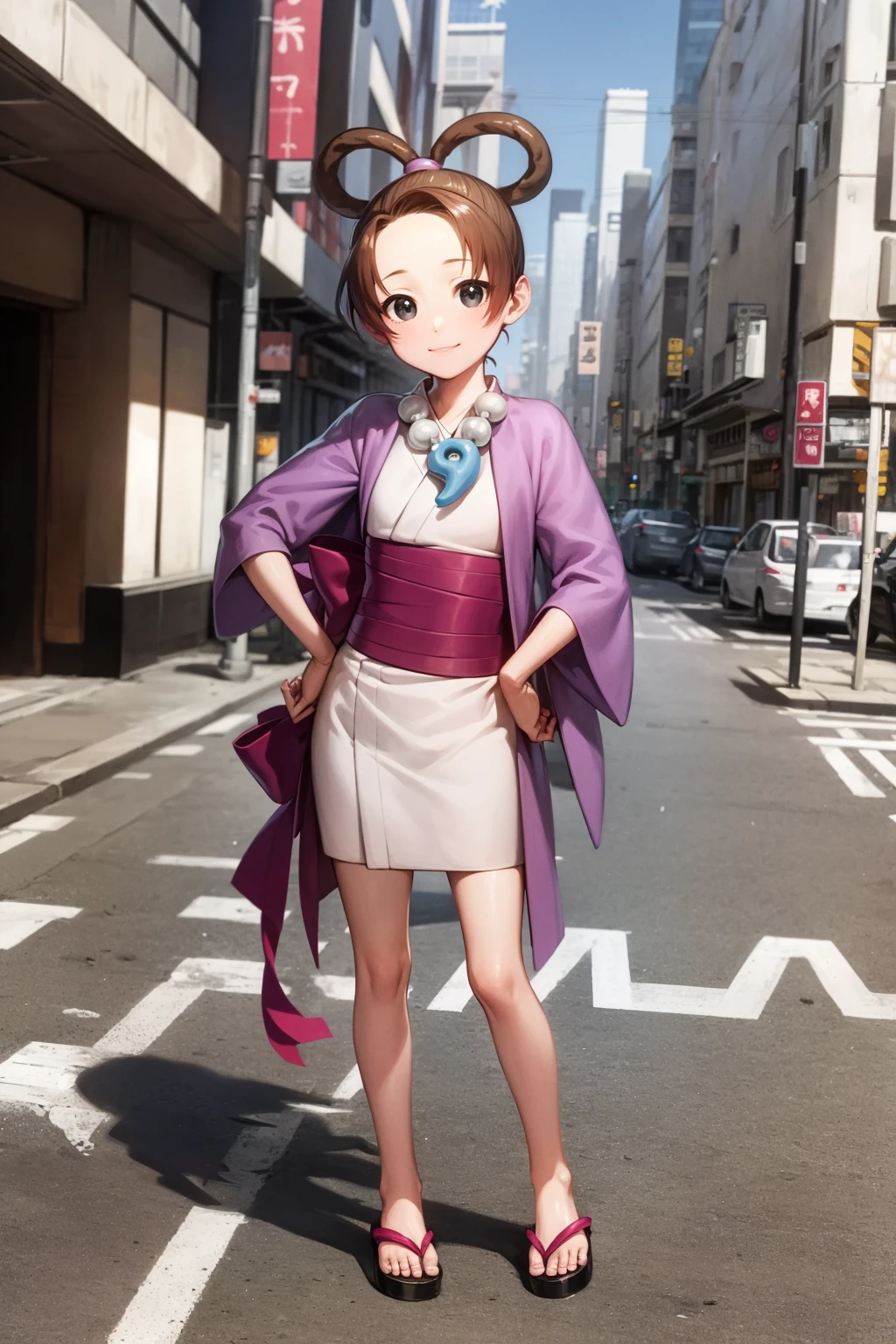 masterpiece, best quality,
1girl, pearlfeyold, brown hair,  hair rings, short hair, black eyes, japanese clothes, kimono, obi, magatama, necklace, sash, sandals,
smile, hands on hips, standing, full body, solo, looking at viewer, street, building, tokyo street background   <lora:PearlFey:1>