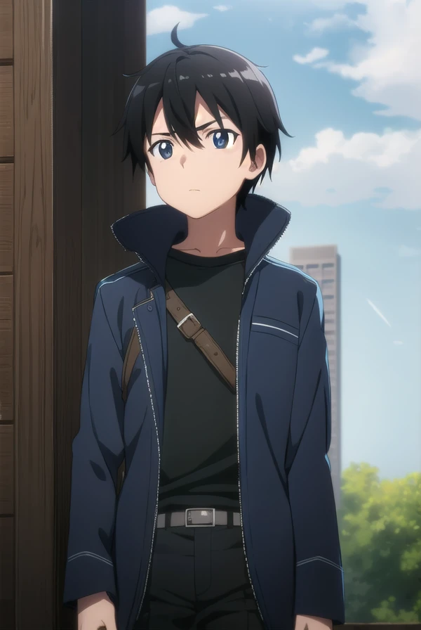 kirigayakazuto, <lora:kirigaya kazuto s1-lora-nochekaiser:1>, 
kirigaya kazuto, black hair, (black eyes:1.3), male focus,
BREAK shirt, black shirt, coat, black coat, pants, black pants,
BREAK outdoors, nature, forest, sun, sky,
BREAK looking at viewer, (cowboy shot:1.5),
BREAK <lyco:GoodHands-beta2:1>, (masterpiece:1.2), best quality, high resolution, unity 8k wallpaper, (illustration:0.8), (beautiful detailed eyes:1.6), extremely detailed face, perfect lighting, extremely detailed CG, (perfect hands, perfect anatomy),