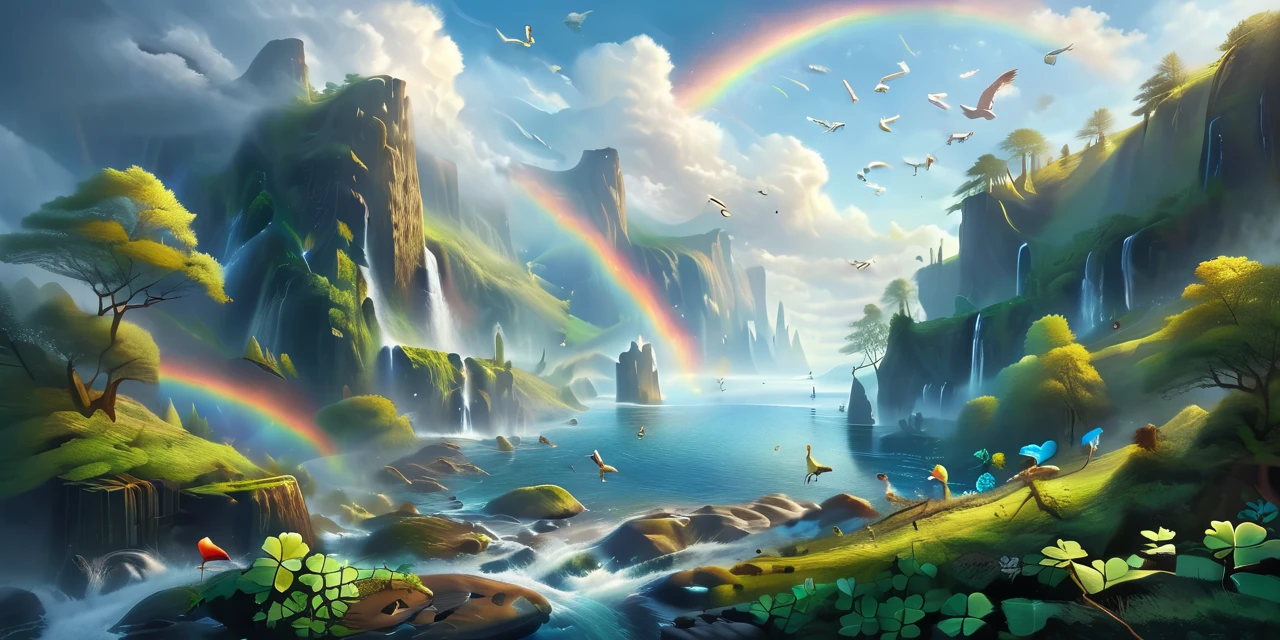 CelticLandStyle,rainbow, blue sky, cloud, tree, sky, bird, waterfall, fantasy, nature, water, <lora:CelticLandStyleXL:1> <lora:xl_more_art-full_v1:0.8> ,<lora:add-detail-xl:0.8>