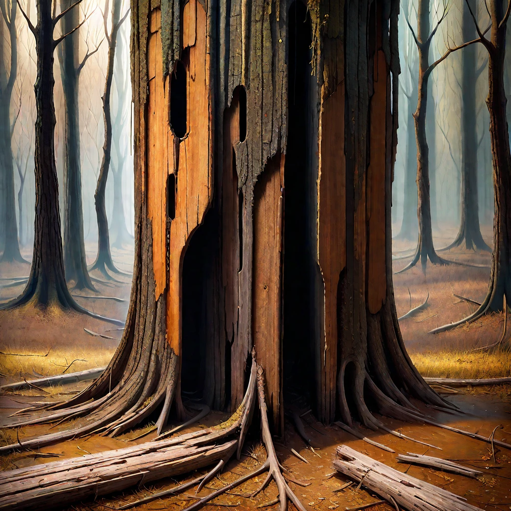 <lora:Wood-world_XL:1> in the style of wood-world_XL, surrealism painting, 16k, extreme detail, fine textures, ((dark shadows)), dark, sharp lines, (((decay flatwoods:1.46))), vivid colors. beautiful. revealing.  masterpiece. cracked. Hungarian landscape, doglegs, derelict