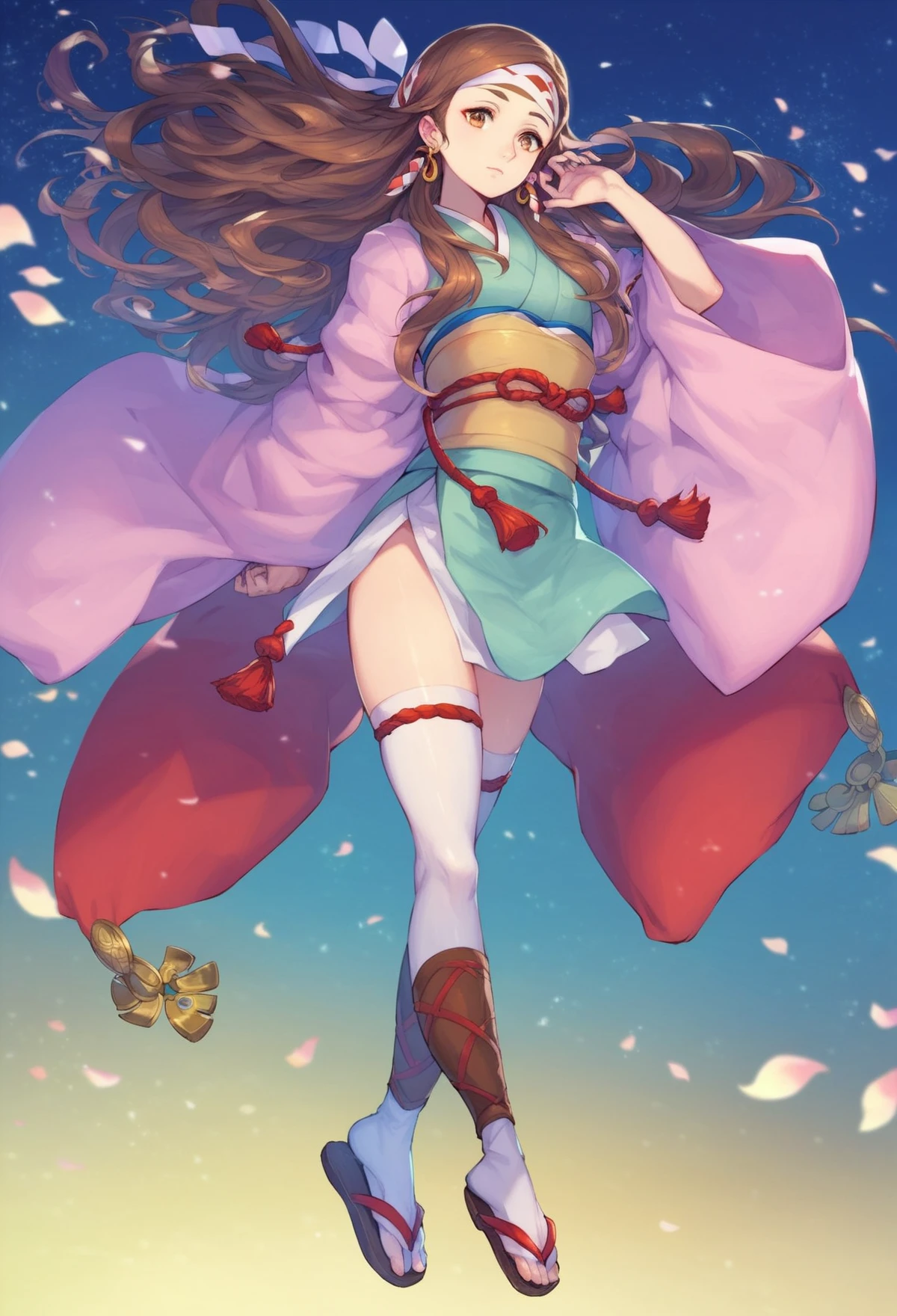 score_9, score_8_up, score_7_up, score_6_up, source anime, feh_seoreh_pnxl, fire emblem heroes, hana, 1girl, long hair, solo, brown hair, brown eyes, sandals, earrings, thighhighs, headband, shiny hair, jewelry, sash, japanese clothes ,whorled clouds, night sky, dappled moonlight, depth of field
<lora:fire_emblem_heroes_pony:1>