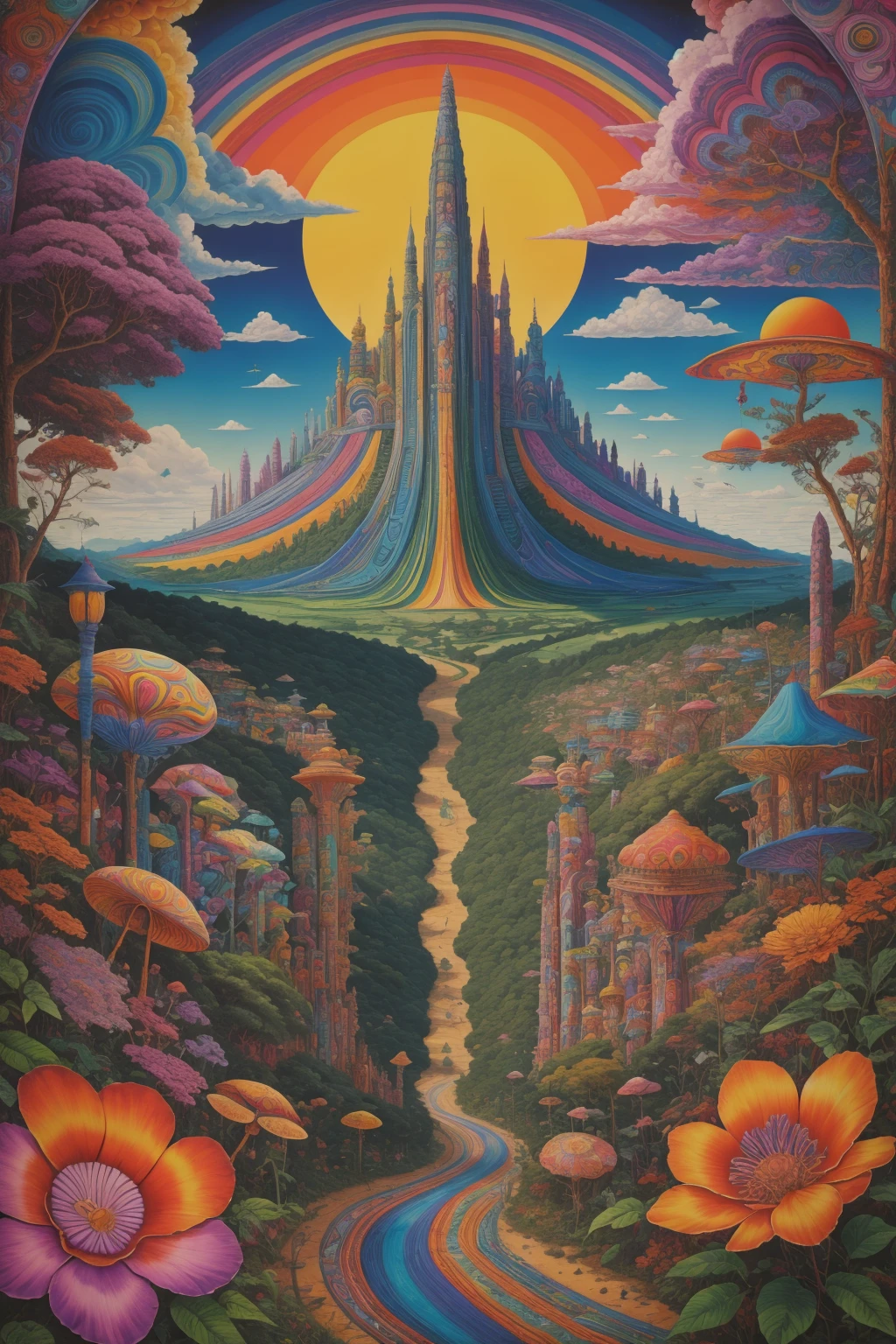 <lora:psychedelic-landscape:0.8> poster, psychedelic city-landscape