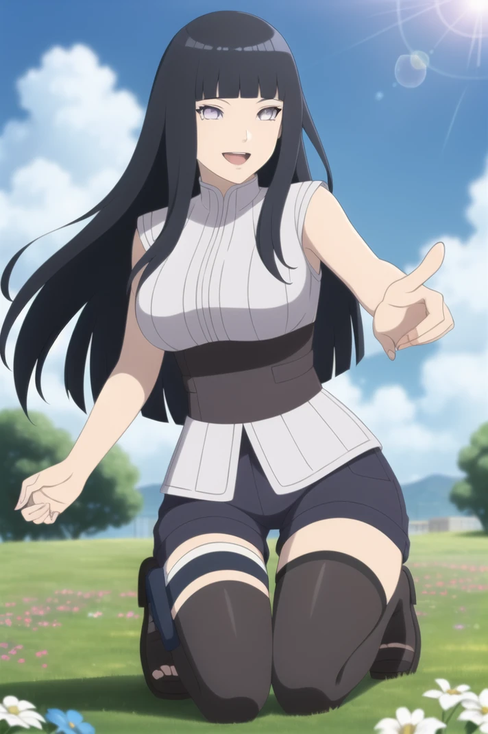 (masterpiece, high quality, detailed background:1.1), 1girl, solo,
<lora:HyugaHinata-v1-06:0.6>, ChopioHyugaHinata, long hair, black hair, straight hair, shiny hair, blunt bangs, white eyes, no pupils,
mature female, large breasts,
outfit_1, white shirt, ribbed shirt, sleeveless, waistband, purple shorts, bandaged leg, thigh pouch, black thighhighs,
hill, grass, blue sky, cloud, floating hair, wind, smile, open mouth, sunny, sunlight, light rays, lens flare, (depth of field:1.3), bokeh, flowers, squatting, touching flowers,