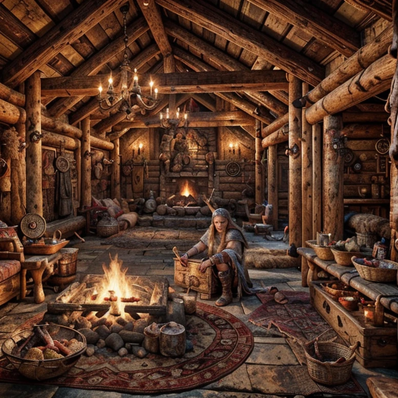 (masterpiece:1.2), (best quality,:1.2), 8k, HDR, ultra detailed, ((photorealistic)), professional light, cinematic lighting, fashion photography, ambient lighting, face lighting, <lora:detail_slider_v4:2>, (DarkFantasy:0.5), a (very small) medieval viking room with a fur! rug on the floor and one! fireplace, lots of smoke, dark, primitive furniture, VikInt, <lora:VikingInterior-10:0.6>, epiCPhoto