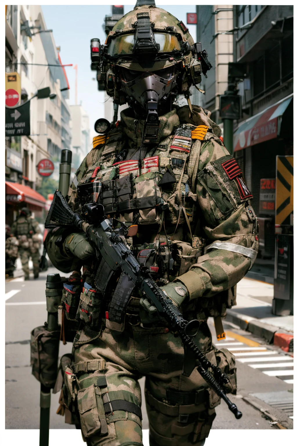 solo,1girl,outdoors,cityscape,(cowboy shot:1.2),(thigh gap:1.2),<lora:0306 Russian Federation Special Response Team_v1:0.9>,ruanyi0306,bulletproof vest,camouflage,helmet,holding weapon,m4 carbine,mask,military uniform,, best quality,masterpiece,highres,official art,extremely detailed cg unity 8k wallpaper