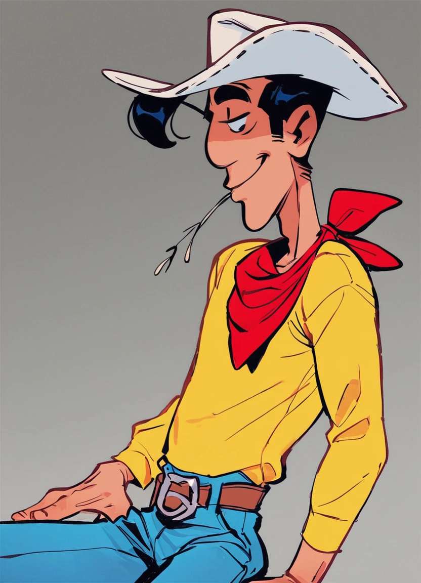 score_9, score_8_up, score_7_up, source_cartoon, luckyluke, man with black hair in yellow shirt with a white cowboy hat, red bandana and bue jeans, coyboy town, cinematic,
<lora:LuckyLukePony:0.8>