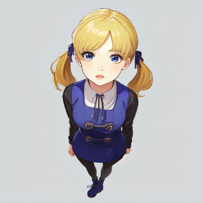 medium shot, solo, <lora:welchVineyardStarOceanSeries:0.9>, welch_vineyard, 1girl, blonde hair, twintails, hair ribbons, pantyhose, long hair, blue eyes, blue dress, black undershirt, standing, from above, simple background, highres, Digital art, trending on artstation, best quality, insanely detailed, masterpiece, stunning environment, wide-angle,