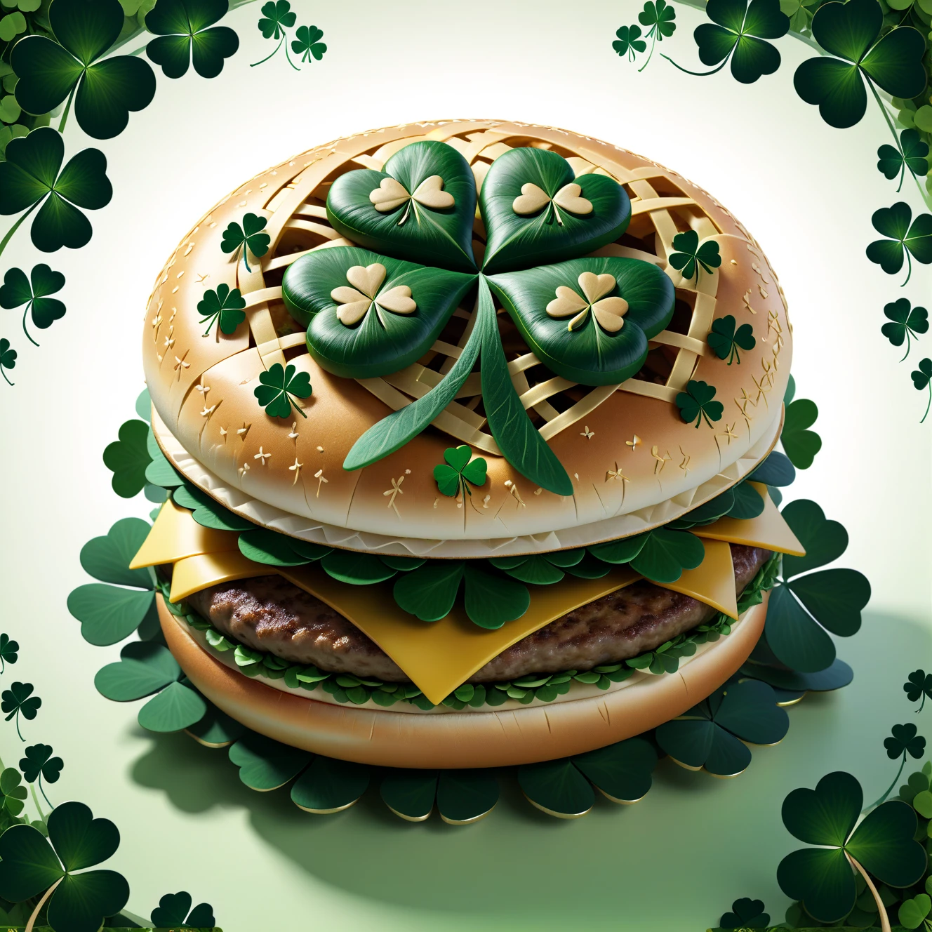 cheeseburger made of HUD_shmrck, delicate shamrock clover leaves intricately woven together, <lora:Shamrocked:0.8> creating a whimsical and ethereal look, highly detailed