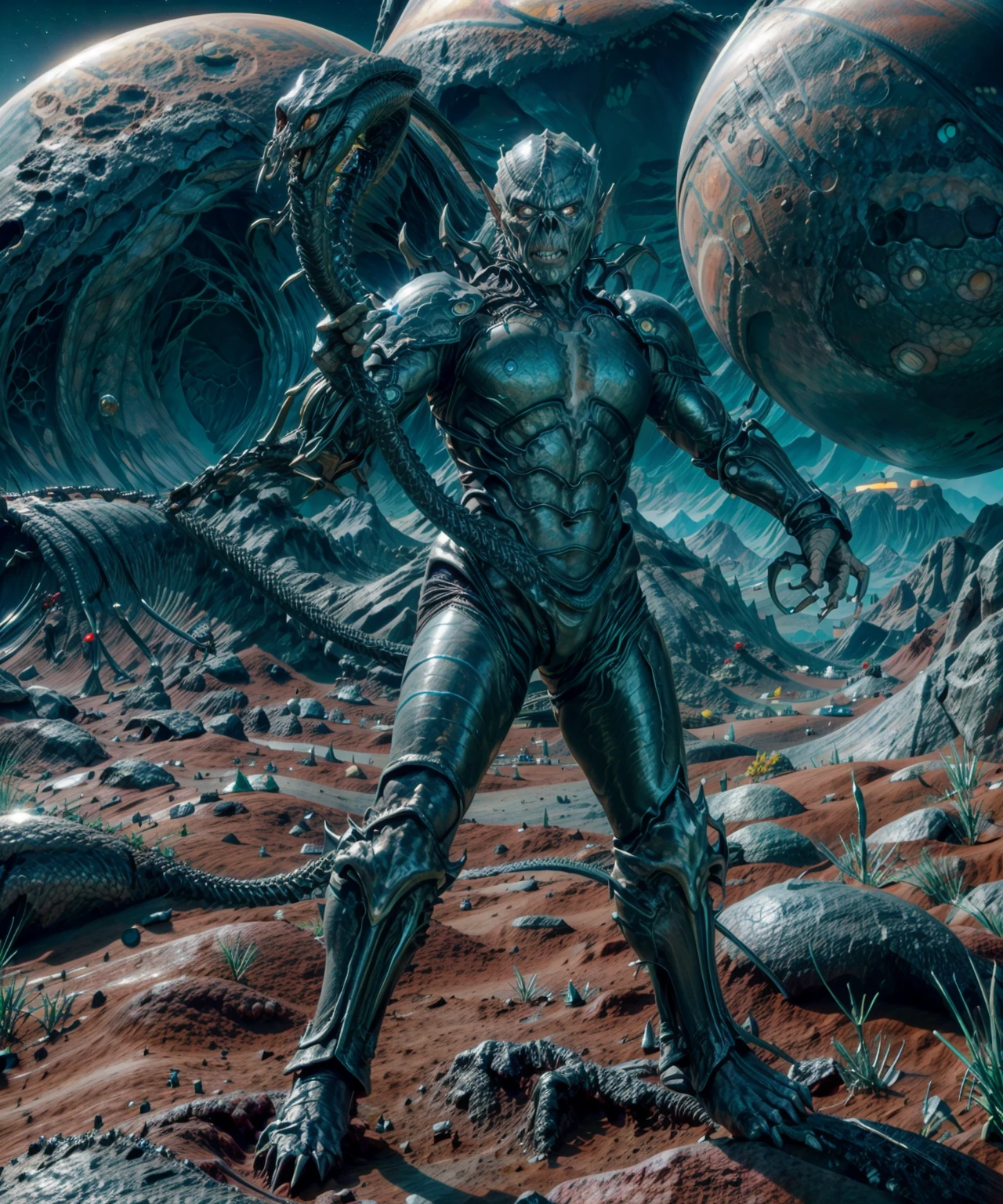 RAW photo of a yuuzhan vong warrior <lora:YuuzhanVong:1> (wearing black armor), holding a snake staff with one hand, posing on an  <lora:BG_Alien_Planet:1>bg_alien_planet, <lora:add_detail:1>