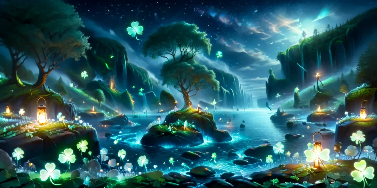 CelticLandStyle,CelticLandStyle,fantasy, water, blue sky, night, glowing four-leaf clover, nature, tree, waterfall, flower, lantern,stars, <lora:CelticLandStyleXL:1> <lora:xl_more_art-full_v1:0.8> ,<lora:add-detail-xl:0.8>