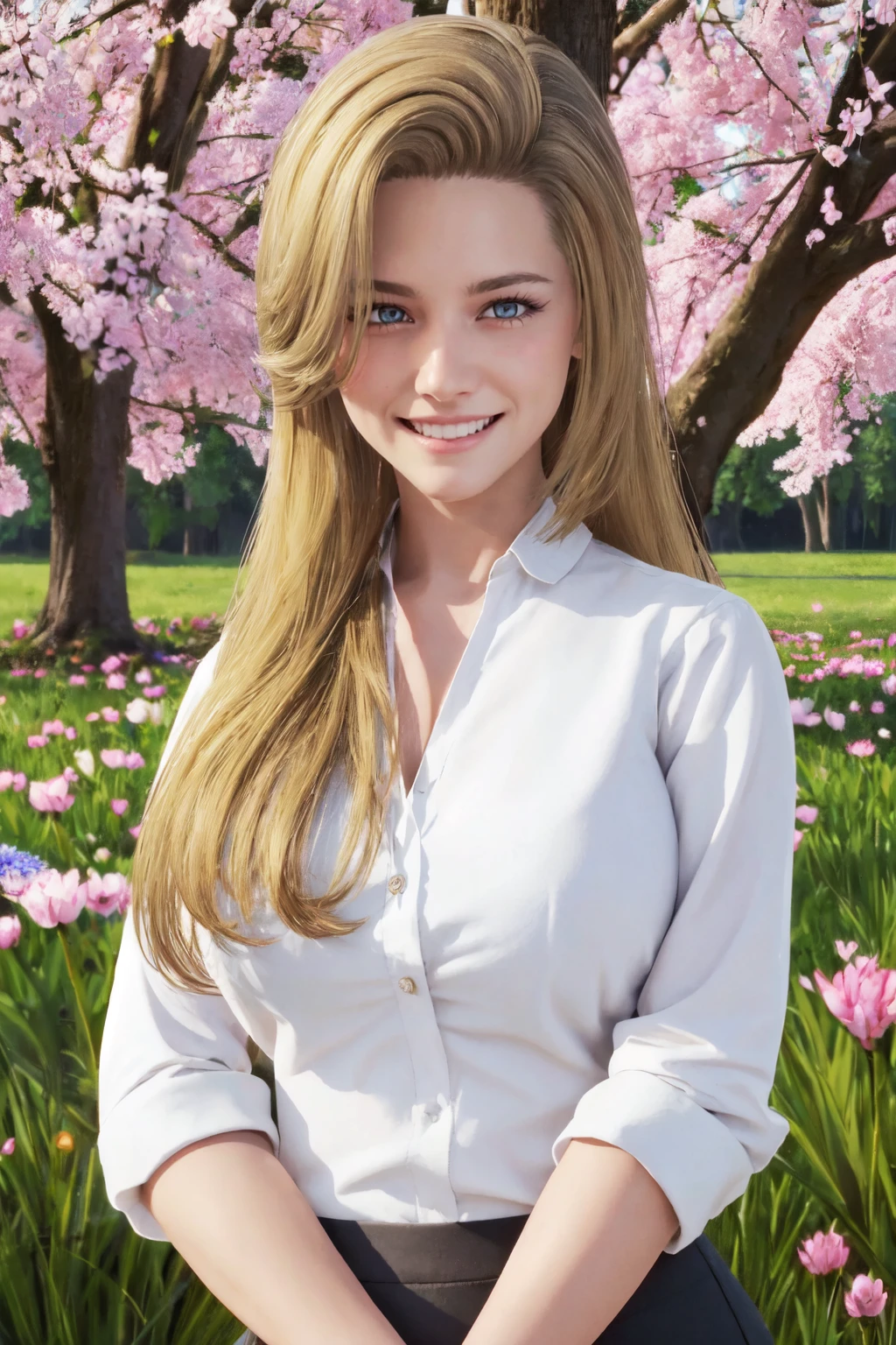 old woman, beautiful eyes, beautiful girl, high detail skin, high detail eyes, high detail hair, highres, ultra detailed, sharpen picture, Highly detailed, masterpiece, best quality, photorealistic,
<lora:CarlaLoRA:0.7>1girl, long hair, blonde hair, white blouse, BREAK black high-waist pants, smile, outdoors, on a field with flowers,