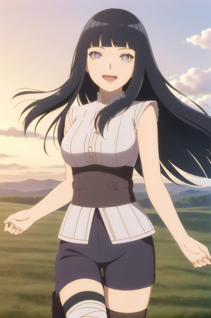 (masterpiece, high quality, detailed background:1.1), 1girl, solo,
<lora:HyugaHinata-v1-06:0.6>, ChopioHyugaHinata, long hair, black hair, straight hair, shiny hair, blunt bangs, white eyes, no pupils, (looking at viewer:1.3),
mature female, large breasts,
outfit_1, white shirt, ribbed shirt, sleeveless, waistband, purple shorts, bandaged leg, thigh pouch, black thighhighs,
hill, grass, sunset, gradient sky, <lora:Concept_BacklightingGoldLine:0.8>, backlighting, floating hair, wind, smile, open mouth,