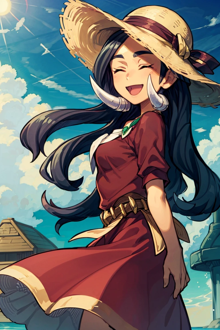<lora:Bold_CAT:0.5>, <lora:more_details:0.5>, ((masterpiece, best quality)), <lora:Drasna_Pokemon_v2:0.8>, drasna (pokemon), 1girl, solo, long hair, black hair, closed eyes, smile, white sundress, sun hat, flowing winds, sunny, outdoors,