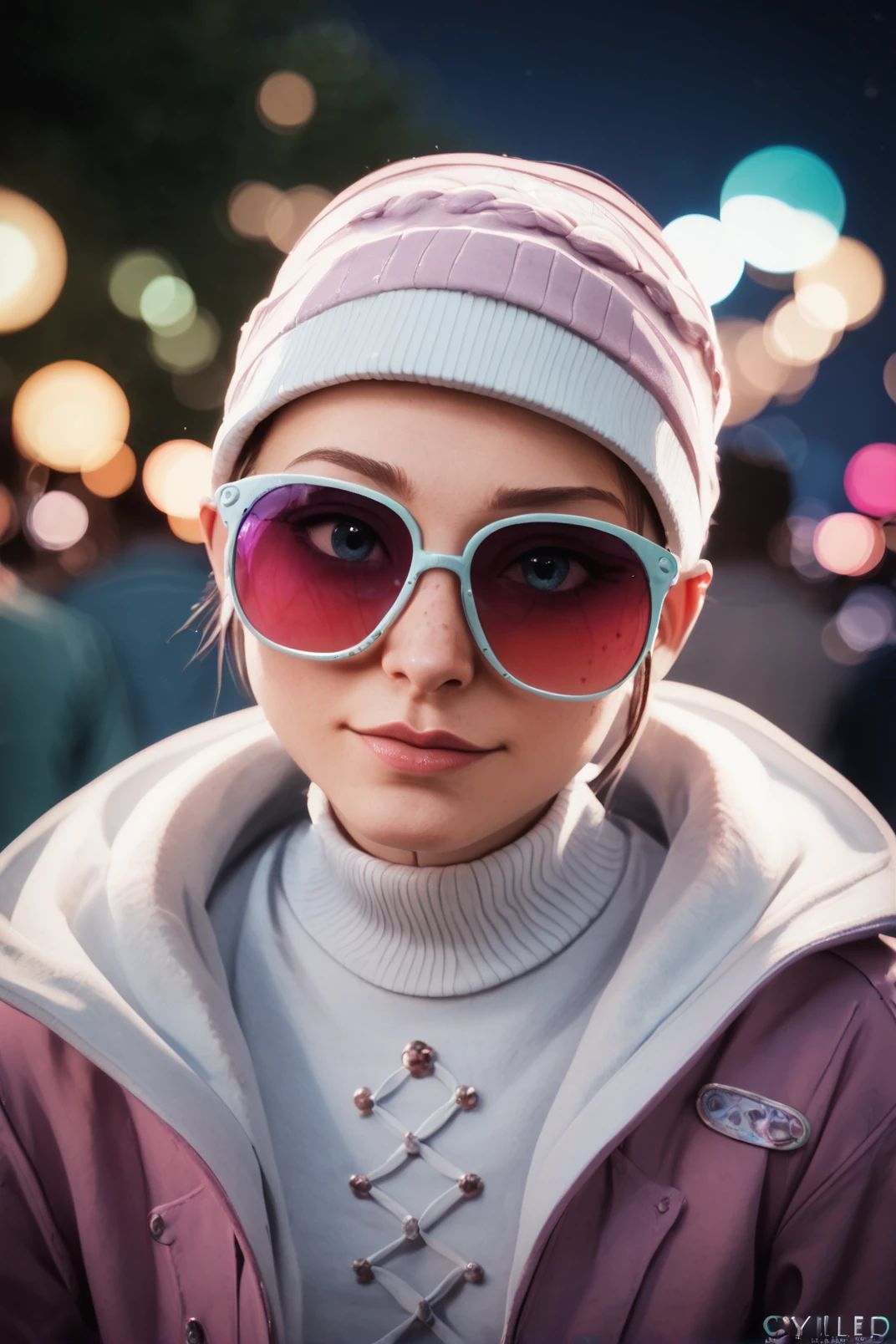 realistic photo portrait of a beautiful girl at a carnival at night, wearing a sweater and pink sunglasses, cyan and magenta colors, (depth of field, bokeh:1.2) (score_9, score_8_up, score_7_up, 4k)