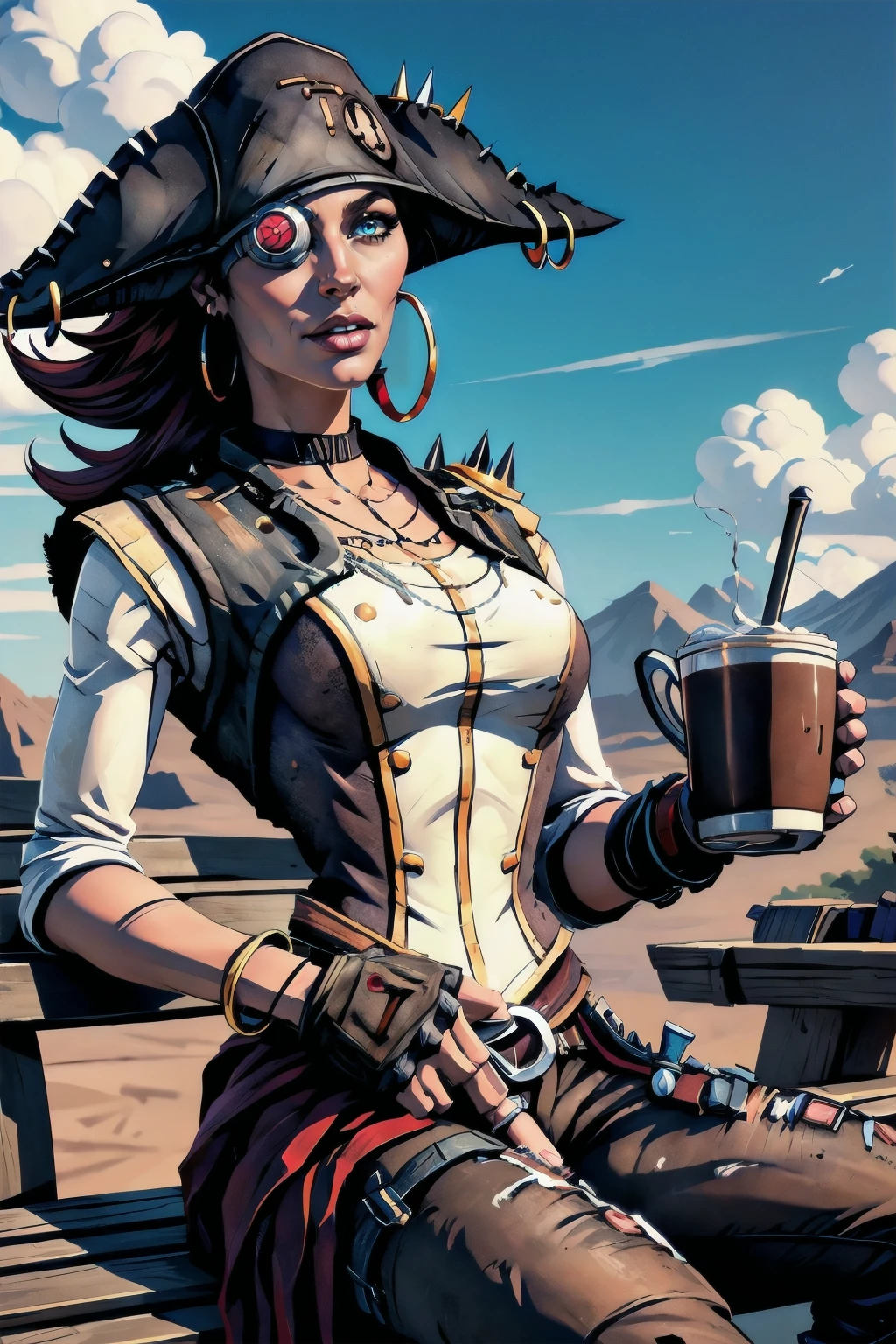 beautiful eyes, beautiful girl, high detail skin, high detail eyes, high detail hair, highres, ultra detailed, sharpen picture, Highly detailed, masterpiece, best quality, photorealistic,
, blue sky, white clouds, sitting on a bench in a park, holding a cup of coffee <lora:CaptainScarlettLora:0.8>1girl, long hair, jewelry, hoop earrings, eyepatch:1.4, pirate hat, spikes, shoulder armor, top, vest, fingerless gloves, bracelet, mechanical hand, belt, pants, lip piercing, mechanical leg,