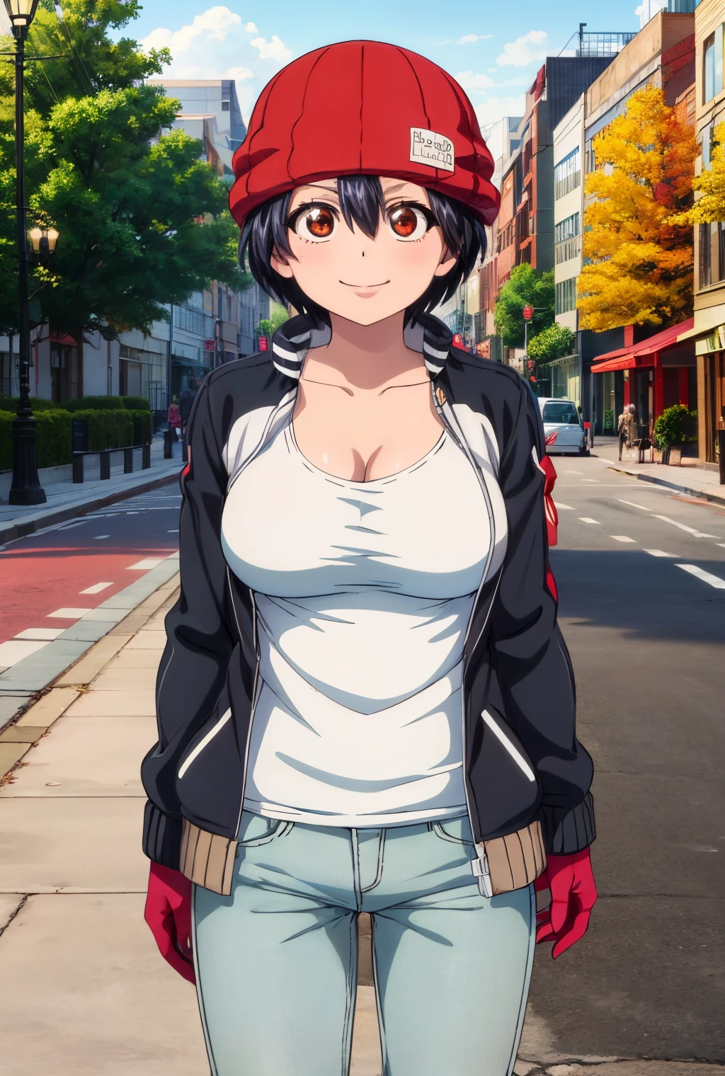 (masterpiece:1.3), (best quality, high quality, highres:1.2), solo focus, <lora:more_details:0.5>, fuuko_wz, black hair, short hair, brown eyes, large breasts, cleavage, short hair, red gloves, red beanie, red eyes, jacket, pants, <lora:izumo_fuuko-09:0.8>, standing, cowboy shot, looking at viewer, smile, outdoors, city, street, day