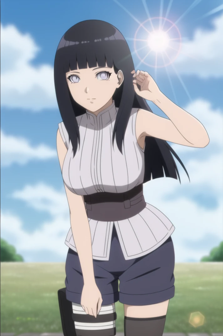 (masterpiece, high quality, detailed background:1.1), 1girl, solo,
<lora:HyugaHinata-v1-06:0.6>, ChopioHyugaHinata, long hair, black hair, straight hair, shiny hair, blunt bangs, white eyes, no pupils, (looking at viewer:1.3), 
mature female, large breasts,
outfit_1, white shirt, ribbed shirt, sleeveless, waistband, purple shorts, bandaged leg, thigh pouch, black thighhighs,
hill, grass, blue sky, cloud, floating hair, wind, sunny, sunlight, light rays, lens flare, (depth of field:1.3), bokeh, standing, leaning forward,  <lora:Concept_AdjustingHair:1.0> , adjusting hair, ear,