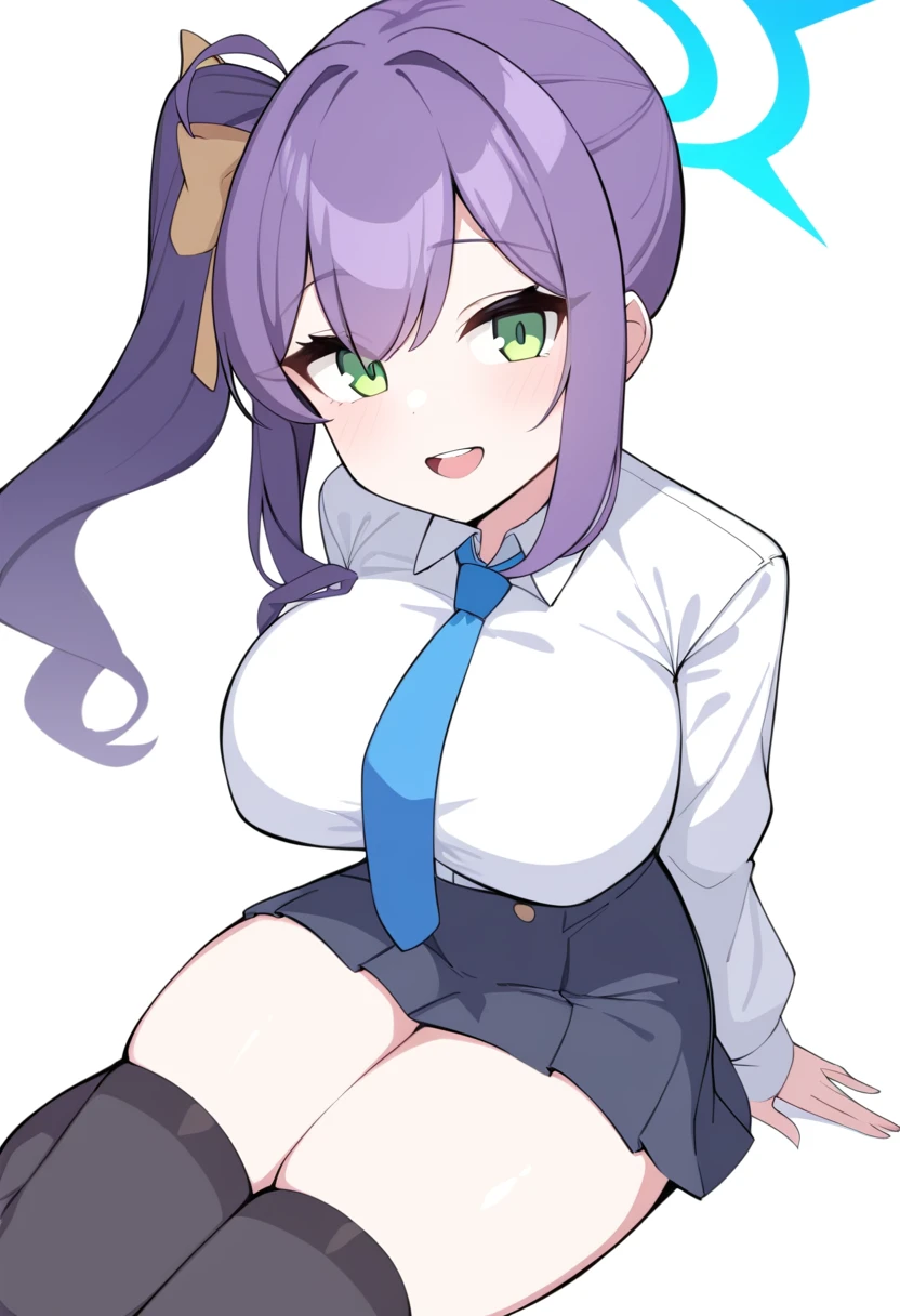 1girl, solo, shortstack, petite, blue archive,
long hair, wavy hair, purple hair, green eyes, large breasts, white shirt, collared shirt, seductive smile, open mouth, teeth, necktie, side ponytail, halo, miniskirt, thighhighs, arms behind back,
white background, sketch, from above,
masterpiece, best quality, very aesthetic, absurdres,