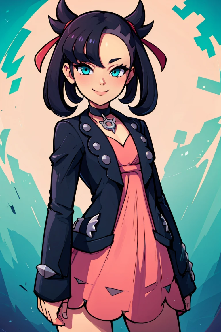 <lora:Bold_CAT:0.4>, ((masterpiece,best quality)), <lora:Marnie_Pokemon_Dim32:0.8>, Marnie_Pokemon, aqua eyes, black choker, red ribbon, pink dress, jewelry, black jacket, open clothes, long sleeves, solo, smiling, looking at viewer, cowboy shot, contrapposto, ,
