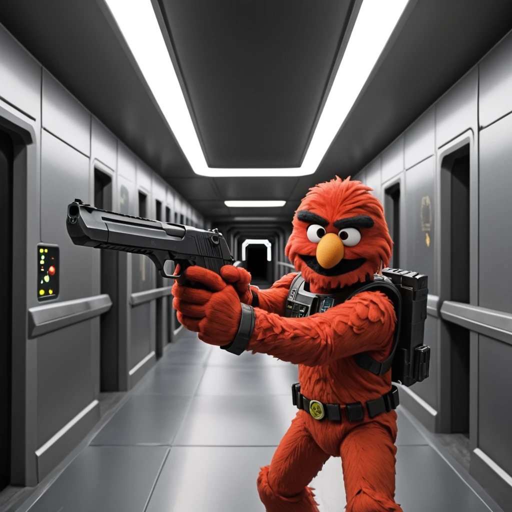 Elmo aiming a black pistol in a starship corridor, deagle,