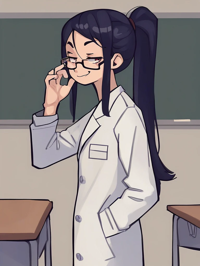 <lora:Bumblesteak-PonyXL-1024px:0.8>
score_5_up,
1girl, solo, from side, wearing white coat, adjusting glasses, standing in classroom, long hair, ponytail, smug